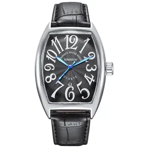 Reloj de cuarzo Kimsdun para hombre en forma de tonel con correa de cuero negro y esfera luminosa