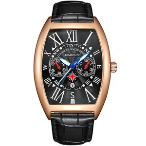 Kimsdun Men's tonneau quartz watch with rose gold case and black leather strap