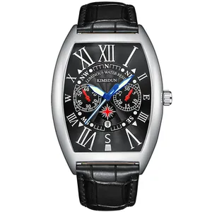 KIMSDUN Tonneau Shaped Men's Quartz Watch with Black Leather Strap and Luminous Dial