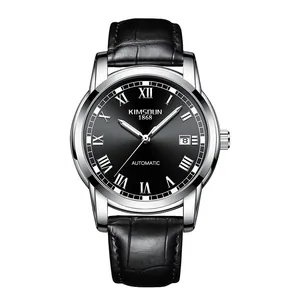 Montre automatique KIMSDUN pour homme, bracelet en cuir noir, cadran romain, luxe business