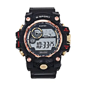 Robuste wasserdichte digitale Sportuhr mit schwarzem Silikonarmband und klarer LED-Anzeige.