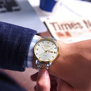 Luxuriöse Kimsdun Business-Quarzuhr für Herren mit goldfarbener Lünette und Datumsanzeige