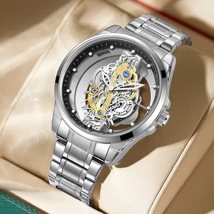 Montre à Quartz Squelette pour Homme Étanche Lumineuse Cadran Transparent Montre Bracelet Affaires Luxe Bracelet Acier Cuir