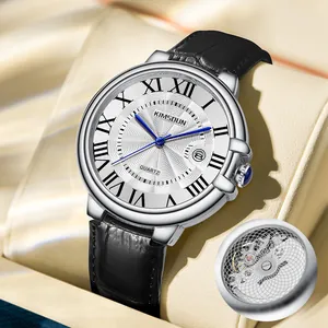 Men Business Quartz Watch Roman Numerals Date Display Water Resistant Leather Strap Transparent Back Sunray Dial Watch