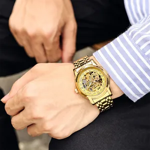 Reloj automático esqueleto de lujo para hombre con correa de acero dorado de alta calidad