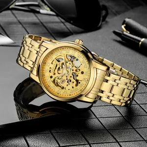 Reloj mecánico de lujo dorado para hombre con esfera esqueleto y correa de acero