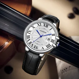 Elegant men's quartz watch featuring a white Roman numeral dial and blue hands on leather strap.