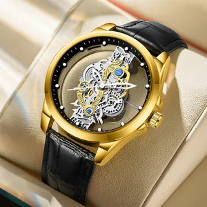 Montre homme squelette dorée de luxe avec cadran transparent et bracelet en cuir