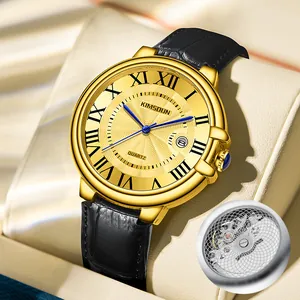 Luxury gold men's quartz watch featuring blue hands and a premium black leather strap
