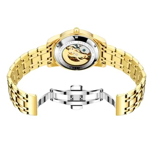 Luxe gouden automatisch horloge voor heren met transparante achterkant en stalen horlogeband