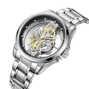 Montre de luxe argentée pour homme avec cadran squelette transparent et bracelet acier