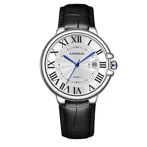 KIMSDUN men's quartz watch with roman numerals and blue hands on white dial