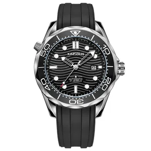 Kimsdun men's automatic mechanical diving watch with black wave dial and rubber strap