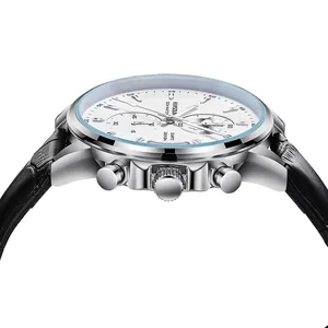 Macro view of KIMSDUN men's silver multi-function quartz watch with black strap
