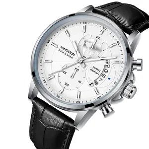 Detailed view of KIMSDUN men's quartz watch with white dial and black leather strap.