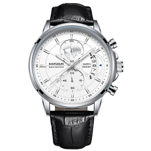 Classic silver Kimsoun men's quartz watch with white dial and black leather strap