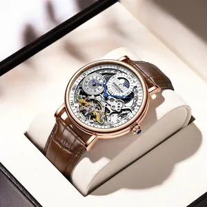 Detail view of KIMSDUN automatic mechanical watch with skeleton dial and rose gold case