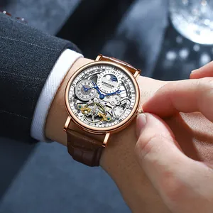Macro view of KIMSDUN luxury automatic mechanical watch featuring a skeleton dial and leather strap