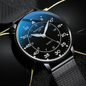 KIMSDUN Montre à Quartz Ultra Mince pour Hommes Affichage du Calendrier Lumineux Montre-Bracelet Étanche en Acier Inoxydable Maille Bracelet en Cuir de Luxe