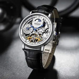 KIMSDUN luxury skeleton automatic mechanical watch for men with premium black leather strap