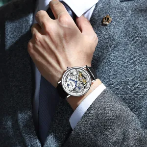 Close-up view of KIMSDUN luxury men's automatic mechanical watch with skeleton dial
