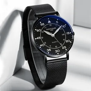 Montre à quartz Kimsoun noire pour hommes avec bracelet en maille ultra-mince et date