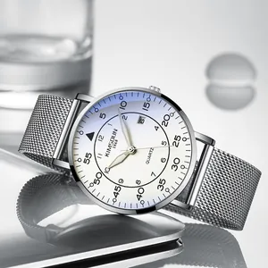 Montre à quartz ultra-fine pour homme avec bracelet en maille argentée et cadran blanc