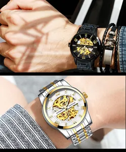Detailed view of KIMSDUN men's skeleton automatic mechanical watch gears and dial