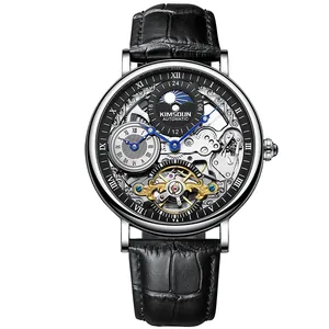 Luxury high-end men's automatic mechanical skeleton watch with black leather strap
