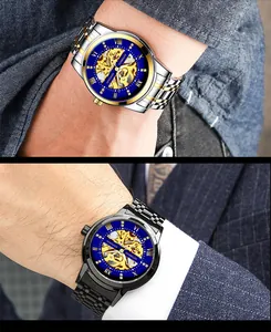 Men's Kimsdun automatic skeleton mechanical watches in silver-gold and black finishes