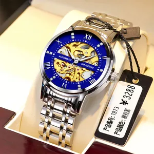 Kimsdun luxury skeleton automatic mechanical watch for men with premium silver steel band