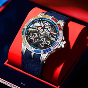 Montre de Sport pour Hommes Lunette en Strass Arc-en-ciel Cadran Squelette Lumineux Étanche à Quartz Bracelet en Silicone et Alliage