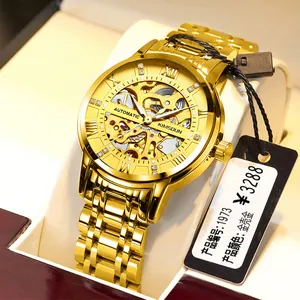 Luxury gold skeleton automatic mechanical watch for men with a stainless steel strap