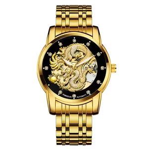 Luxe gouden automatische herenhorloge met unieke gouden draak holle wijzerplaat design