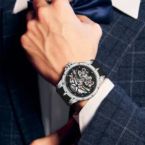 Montre squelette automatique pour homme avec lunette en cristal arc-en-ciel et bracelet