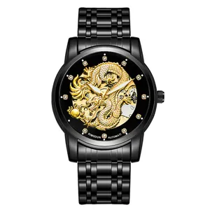 Zakelijk automatisch herenhorloge met luxe gouden draak wijzerplaat en zwarte band