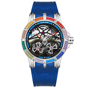 Montre squelette automatique de luxe avec lunette en cristal arc-en-ciel et bracelet bleu