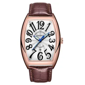 Elegante reloj de cuarzo para hombre con forma de tonel, correa de cuero marrón y caja oro