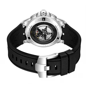 Montre de sport automatique squelette pour homme avec boîtier en acier et bracelet silicone
