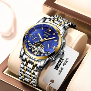 KIMSDUN automatisch herenhorloge met blauwe skelet wijzerplaat en tweekleurige band