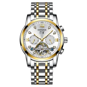 Luxe Kimsdun heren automatisch mechanisch horloge met skeleton wijzerplaat en diamantjes.