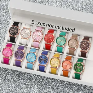 Close-up showing various colors of Geneva women quartz watches with leather straps and Roman dials