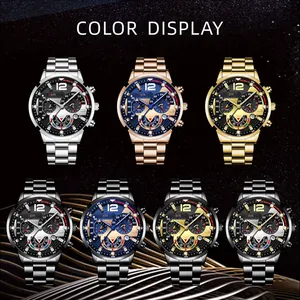 Collection of multi-color men's watches with steel bands and sub-dial displays