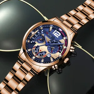 Close-up of men's rose gold steel watch with multi-functional blue dial