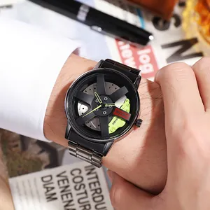 Close-up of a stylish men's quartz watch with a unique car wheel rim dial design