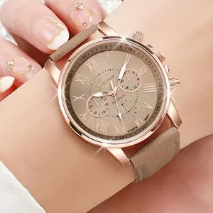 Close-up of Geneva women's quartz watch with rose gold case and khaki leather strap