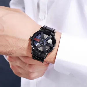 Close-up of a men's quartz watch featuring a creative black car wheel rim dial