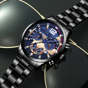 Detailed macro shot of men's professional black steel watch with blue dial and gold accents