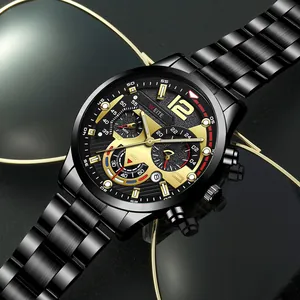 Macro view of the multi-functional gold and black dial of the WEITE men's steel band watch