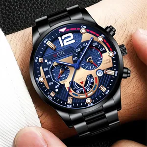 Close-up of men's chronograph watch with blue dial and black steel strap.